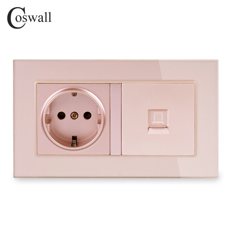Coswall 16a venäjä espanja eu standardi pistorasia maadoitettu  + 1 jengi  rj45 cat 5e internet tietokoneen dataliitin karkaistu lasipaneeli