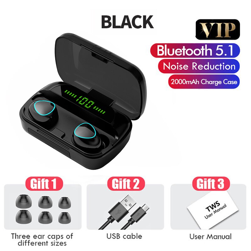 3500mAh TWS Wireless Headphones Bluetooth V5.1 Earphones Sports Earbuds HIFI Stereo Waterproof Touch Control LED Display Headset: Black