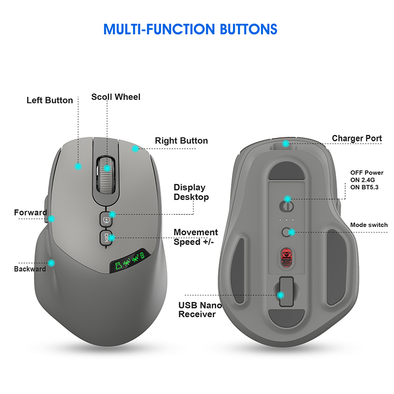 Ratón silencioso inalámbrico con pantalla multifunción, conexión inalámbrica de modo Dual Bluetooth ajustable APAYADO DPI para juegos