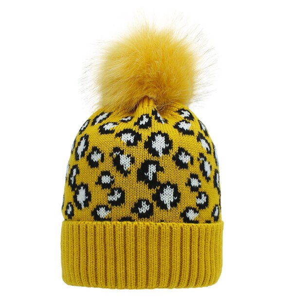 Herfst winter luipaard print wol gebreide muts warme oversized haarbal dikke warme muts pompon: Geel