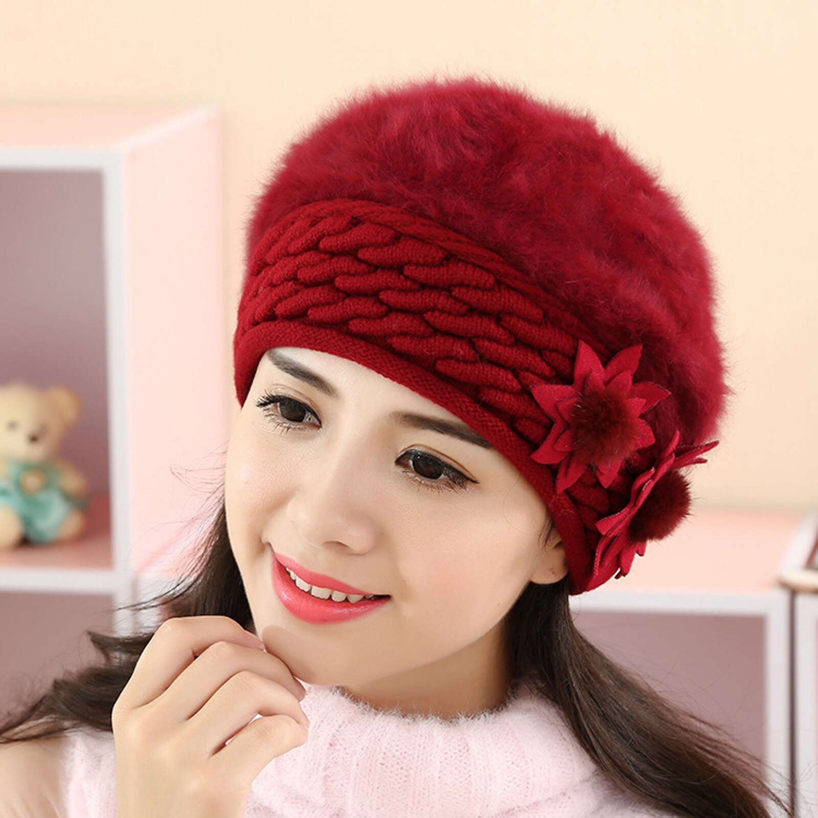 Top des ventes , bonnet en coton pour femmes, ample, Baggy, hiver, , doux, Crochet, femme, chapeau, , fleur, chapeaux,: D