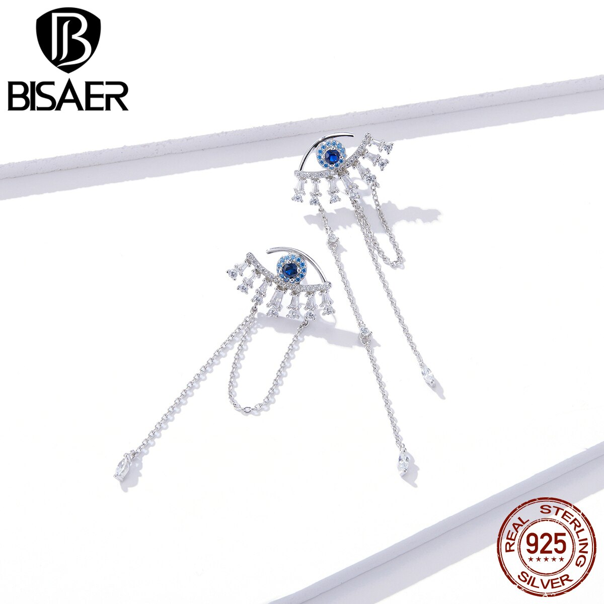 Glück Auge Ohrringe BISAER 925 Sterling Silber Glück Blue Eye Lange Quaste Bolzen Ohrringe Frauen Silber Schmuck EFE334