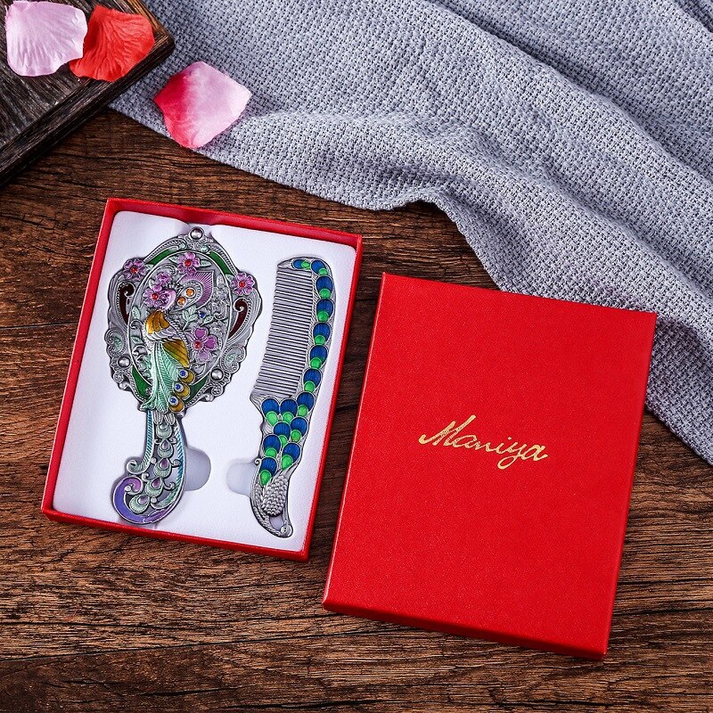 Makijaż lustro chiński Vintage Hollow-out rzeźba Rhinestone lustro zestaw grzebieni z pudełko eleganckie z kieszeniami lustro dla kobiet: 9