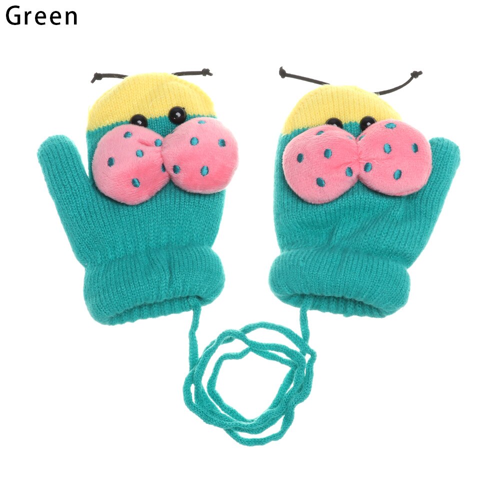 Del bambino Delle Ragazze Dei Ragazzi di Inverno Lavorato A Maglia Guanti bambino Del bambino Dei Bambini Caldo Corda dito Completa guanti Del Fumetto Dei Bambini Più di Velluto di Spessore Guanto: verde