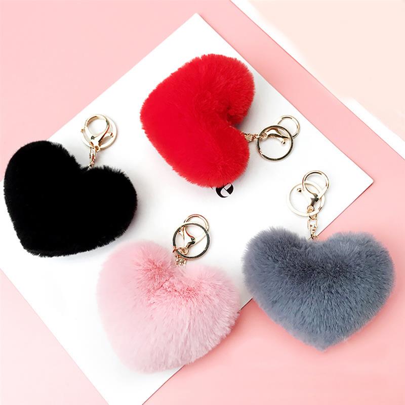 2020 New Lovely Heart Keychains Women's Pom Poms Faux Rex Rabbit Fur Ball Key Chains Girl Bag Hang Car Key Ring Pendant