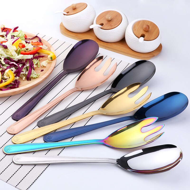 Stor sallad sked gaffel set rostfritt stål kök mat server pasta redskap offentliga guld porslin med hjälp av buffé restaurang verktyg