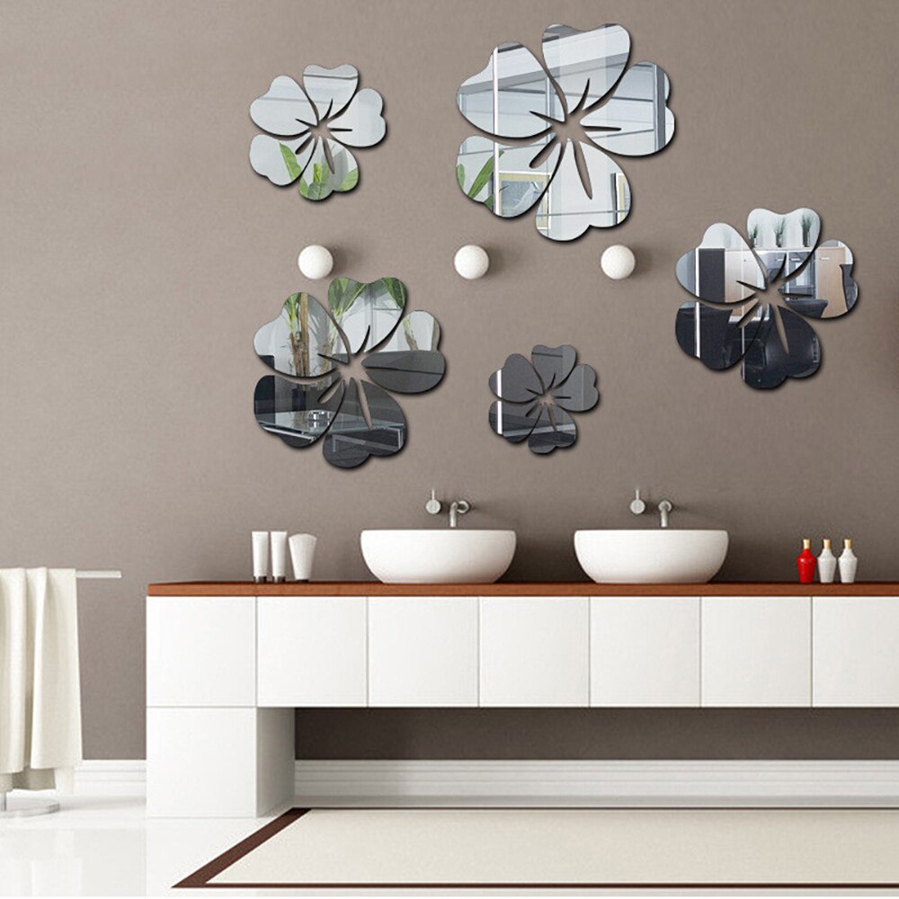 Moderne Bloemen Spiegel Muurstickers 3D Diy Wanddecoratie Decoratieve Spiegels Woonkamer Home Decor Verwijderbare 5 Maten