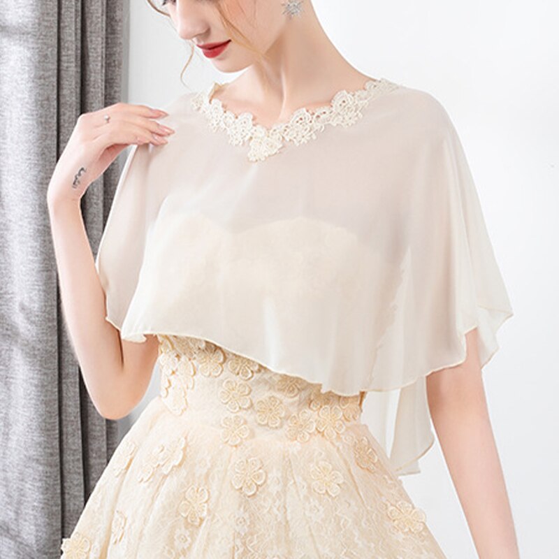 Cape en mousseline de soie pour femmes, châle doux et léger pour mariée, col rond, longue tenue de soirée: Light Champagne