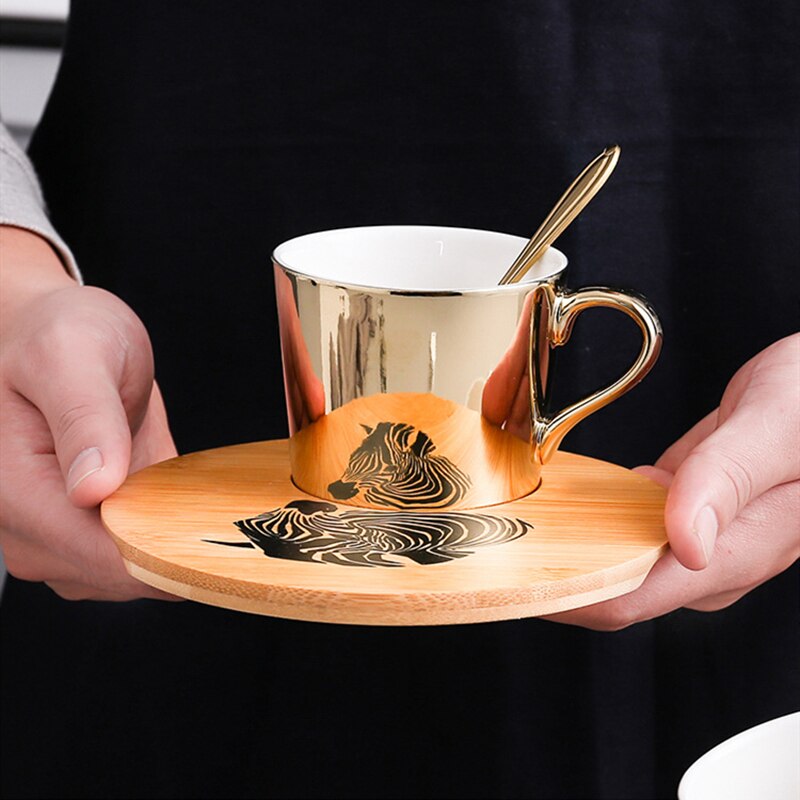 Plating Mirror Reflection Ceramic Coffee Mugs With Wood Dish Tea Cups Drinkware Send Box