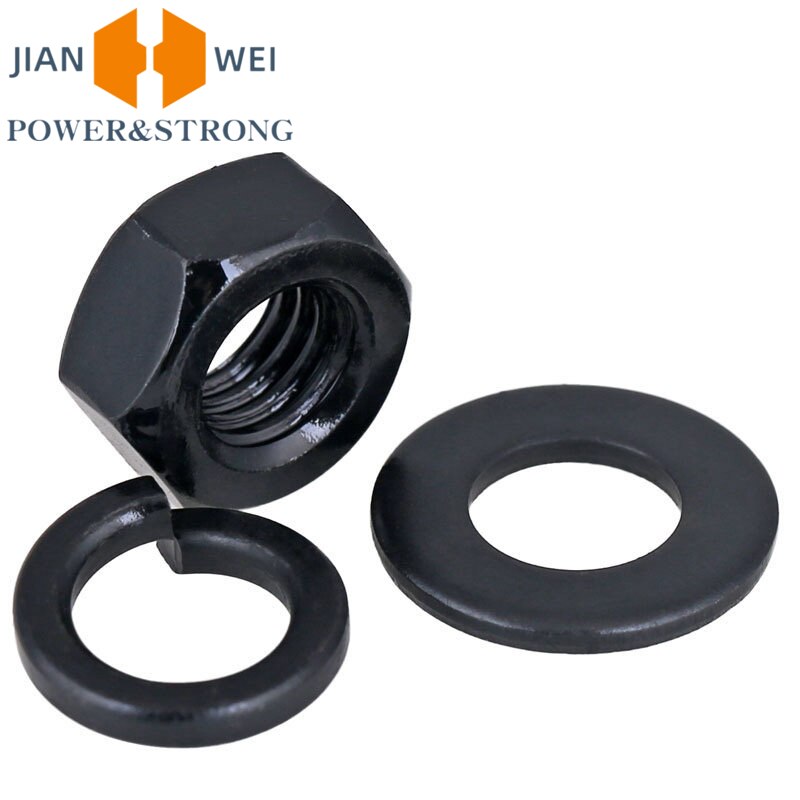50 sets M2 M2.5 M3 M4 M5 M6 M8 M10 M12 M14 M16 M18 M20 M22 M24 M27 M30 Grade 8.8 Zwart Hoge Sterkte Zeshoek Moer met Spacer Platte Ring Pakking Veerring