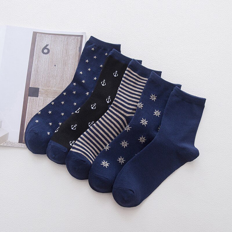 LJIQQ, 5 pares, novedad, azul marino, calcetines azules para hombre, calcetines informales de algodón con personalidad, calcetines de estilo coreano para primavera y verano