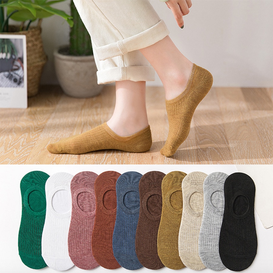 10 Kleuren No Show Sokken Voor Vrouwen Meisjes Effen Zwart Wit Grijs Kaki Casual Katoen Onzichtbare Sokken Anti-Slip type 1 Pack