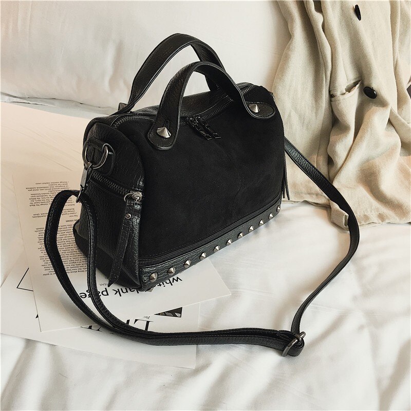 TTOU Women Suede Rivet Handbags Vintage Large Capacity Shopping Bag Casual Daily Tote Bag Female Shoulder Bag Soft Bolsas: black