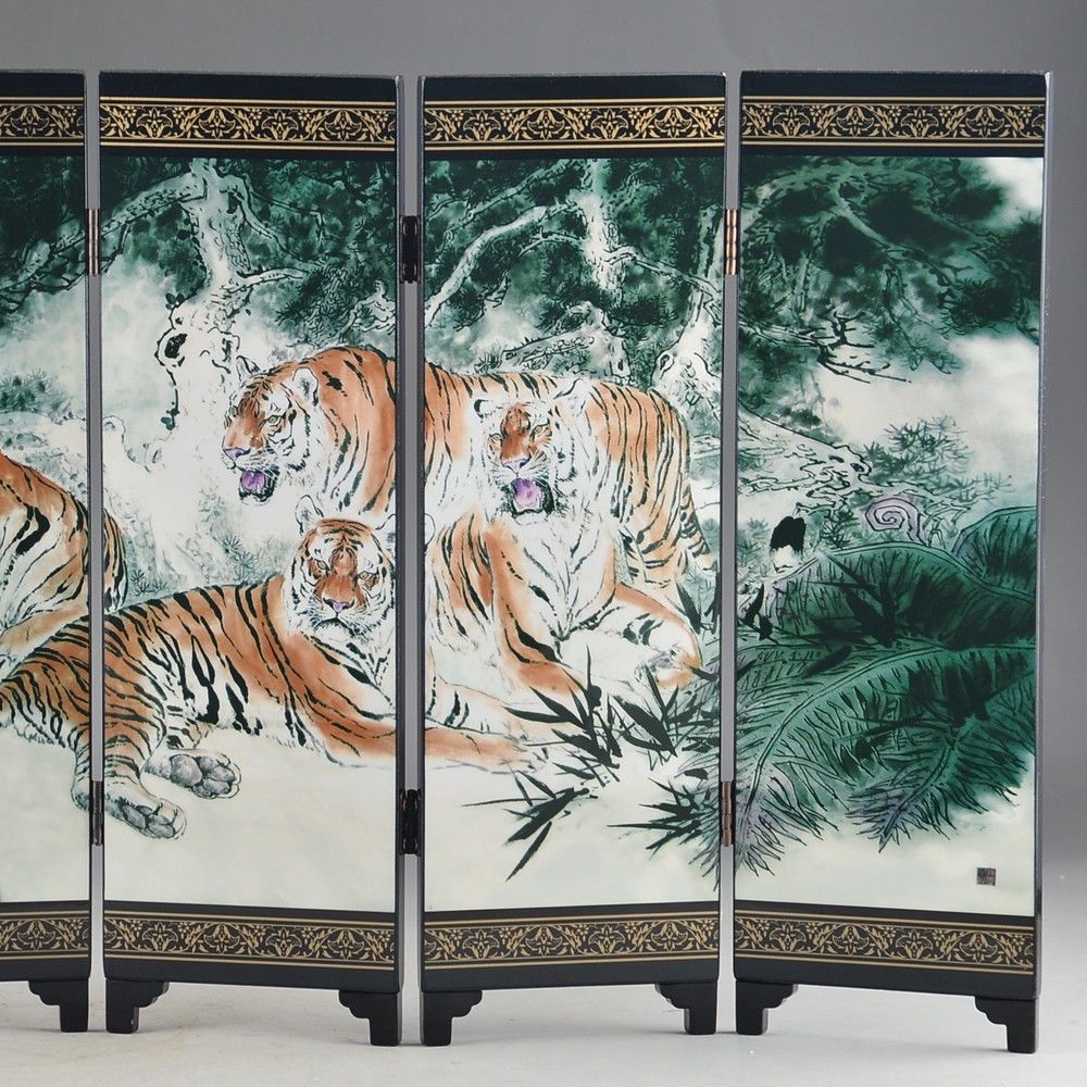 Décoration pour écran à SIX plis | Tigre de bénédiction, en laque chinoise, vieux travail manuel peint