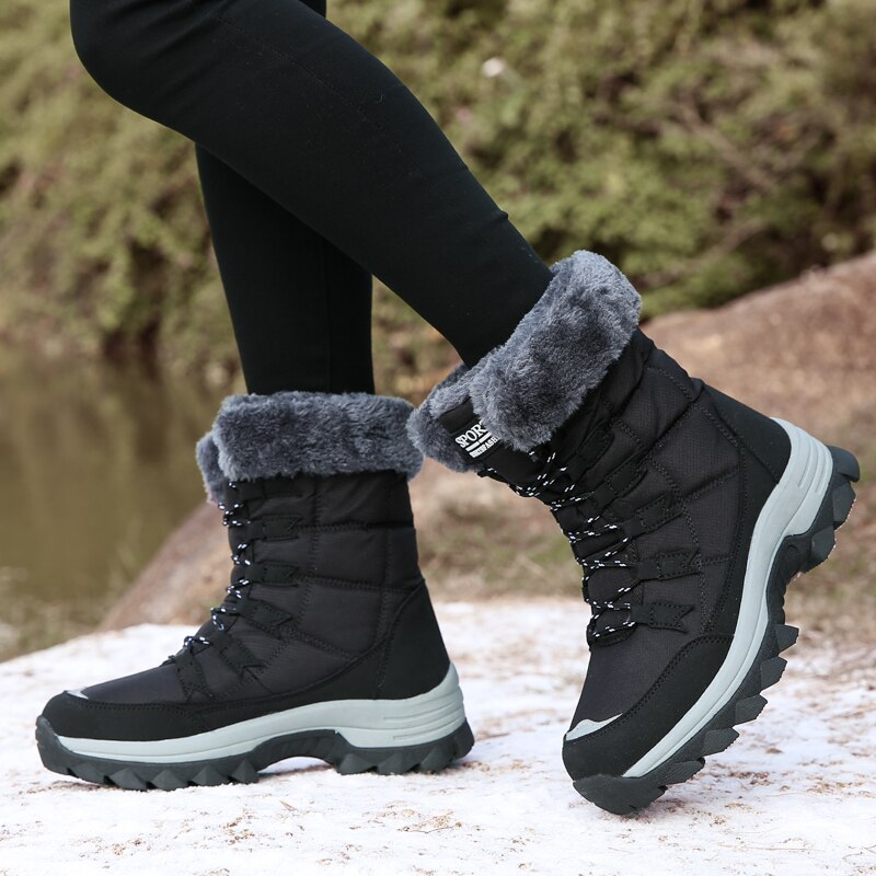 Bottes de neige imperméables pour femme, chaussures mi-mollet, chaudes et épaisses, à lacets, collection hiver