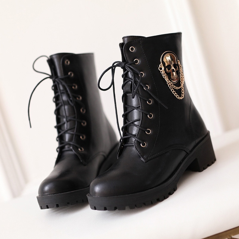 Morazora Enkellaarsjes Voor Vrouwen Schedel Street Lace Up Platform Vrouwen Laarzen Mode Dames Herfst Winter laarzen Schoen