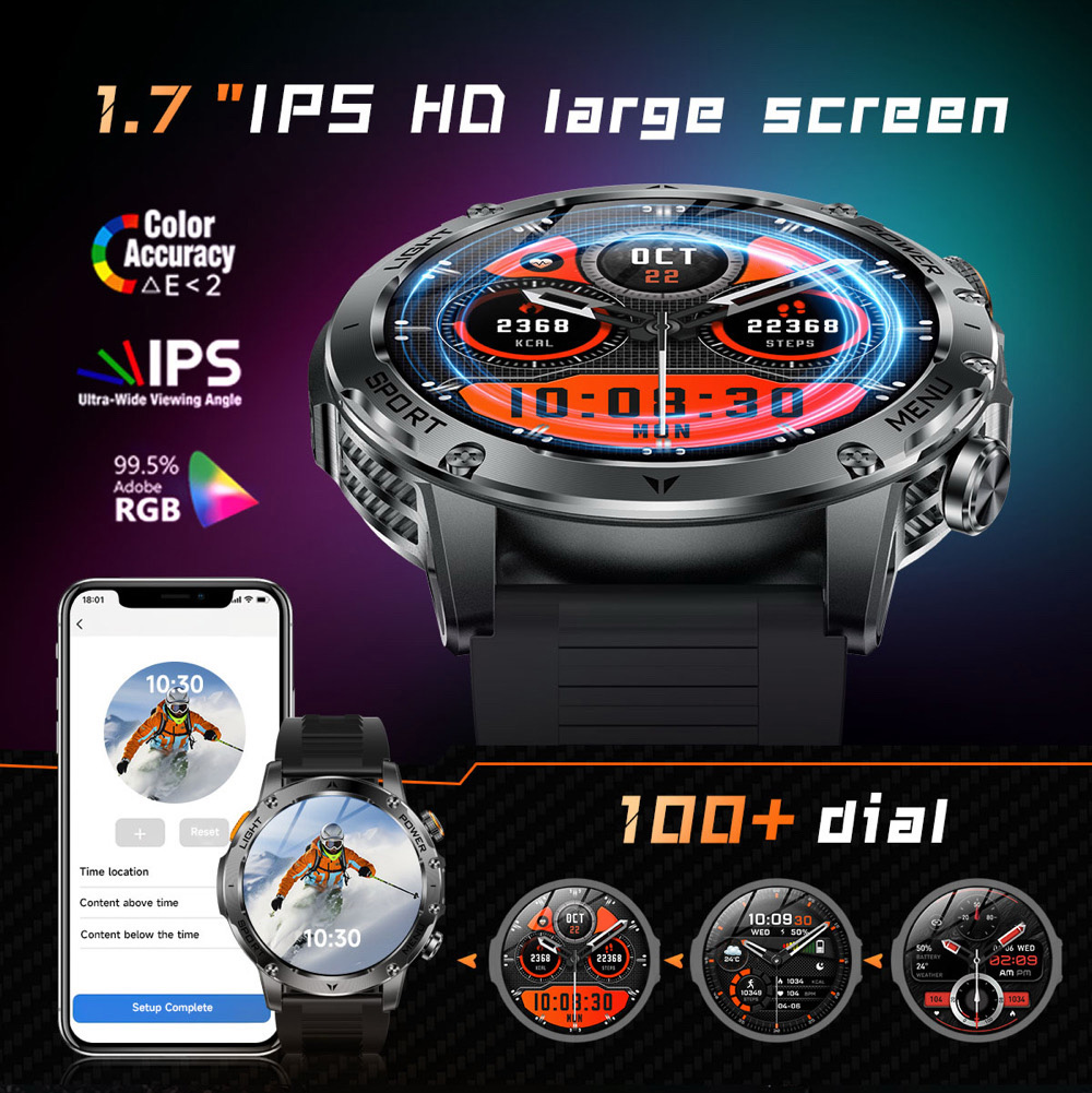 Nuovo Smartwatch Sport all'aria aperta Torcia SOS Chiamate wireless Orologi dente blu Frequenza cardiaca Meteo Musica Orologio intelligente impermeabile