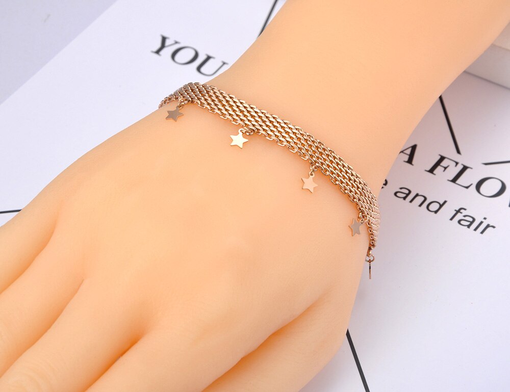 JeeMango Titanium Steel Rose Gold Chain & Link Network Bracelets Bangle Jewelry Bohemia Star Charm Bracelet For Women JB20056