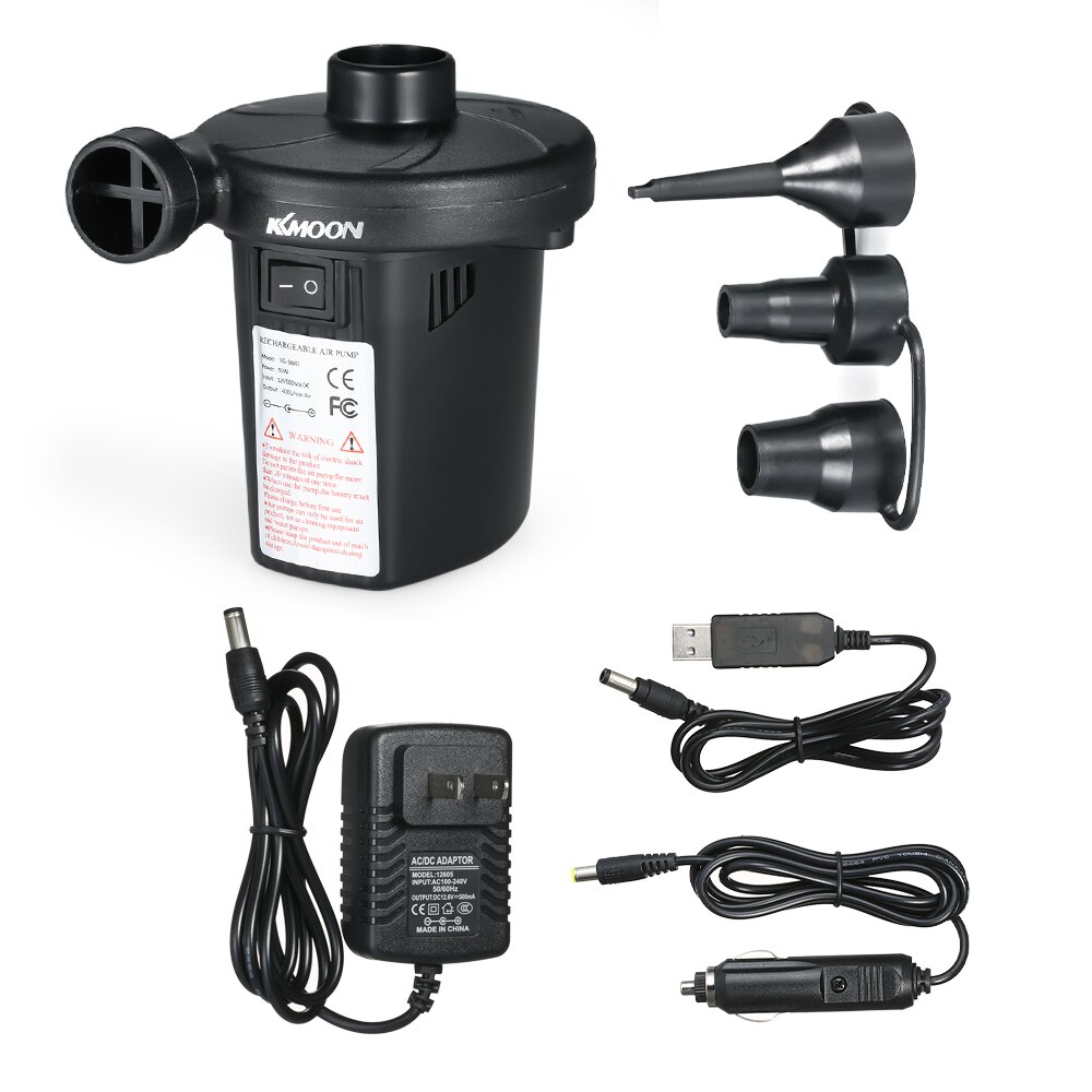 Kkmoon opblaasbare pomp elektrische luchtbed campingpomp met 3 spuitmonden draagbaar snel vullend voor auto thuisgebruik: Ons stekker