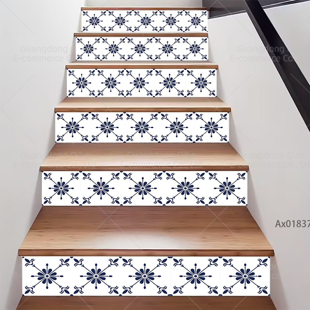 Minimalistische blauwe bloemen trapsticker, zelfklevende trapbekleding, duurzame decoratie voor binnentrappen, plintstickers, muurschilderingstickers.: Xl / Bordeauxrood