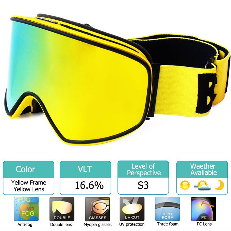Ski Goggles 2 in 1 with Magnetic Dual-use Lens for Night Skiing Anti-fog UV400 Snowboard Goggles Men Women Ski Glasses: Yellow