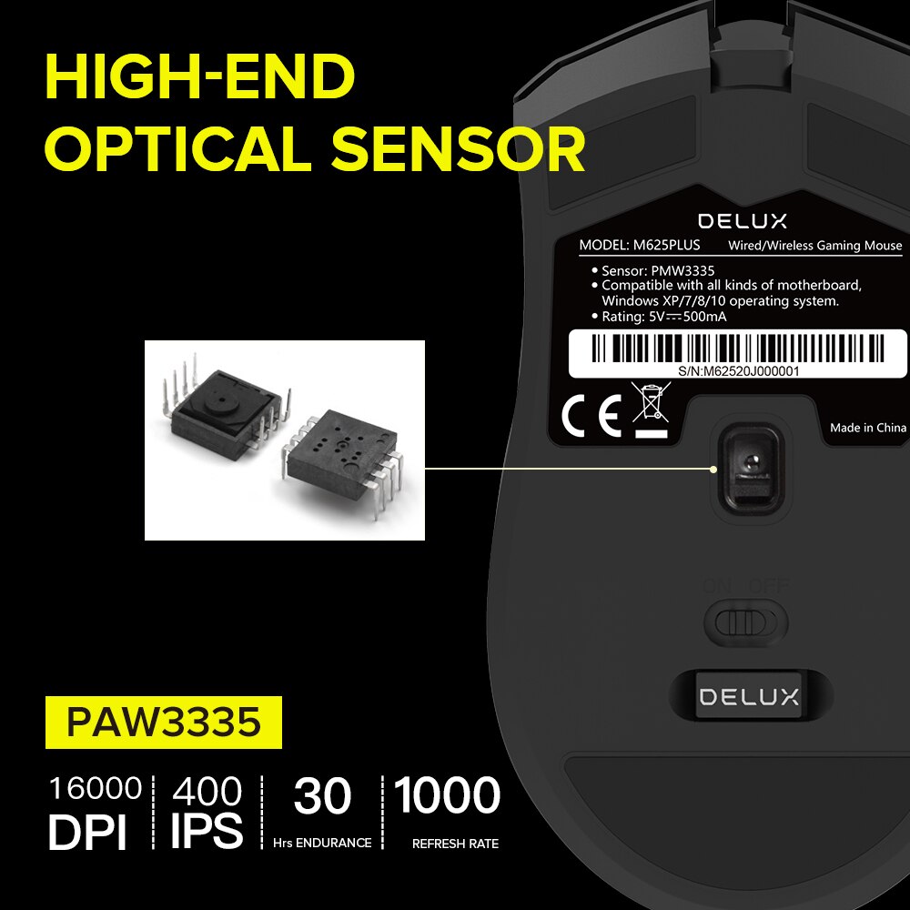 Delux  m625 plus trådlös ergonomisk spelmus dual mode pmw 3335 16000 dpi rgb-möss 7 programmerbara knappar för datorspelare