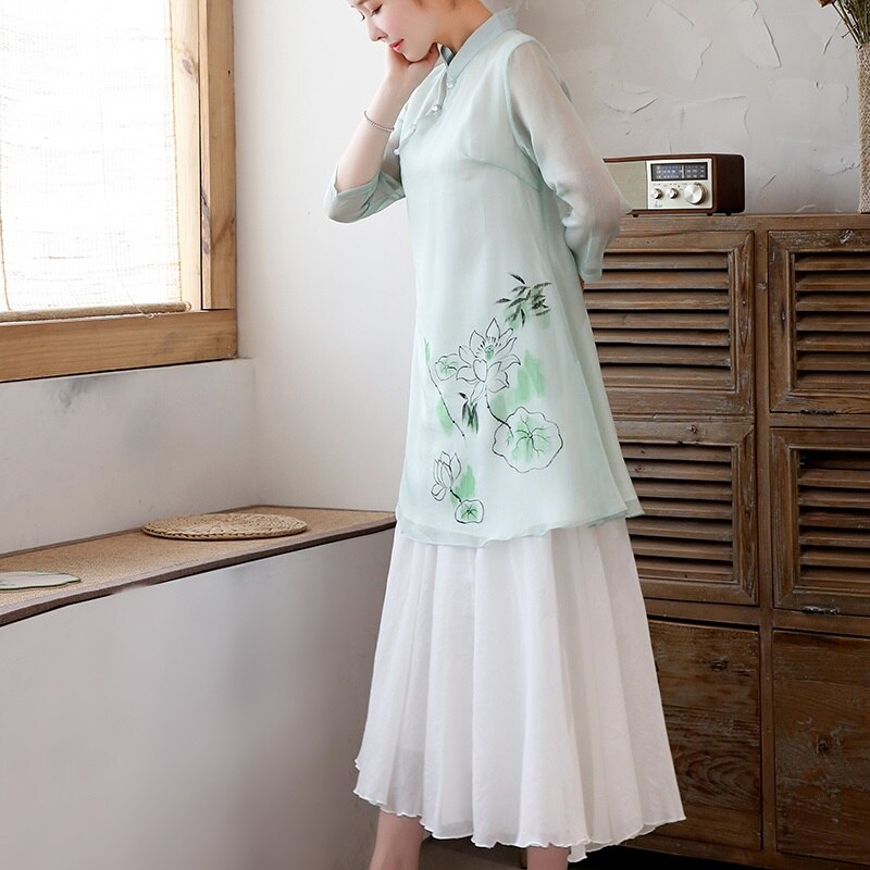 Ensemble 2 pièces Style chinois pour femmes, tenue Cheongsam, haut + pantalon à jambes larges, costume Tang, , été, 11265