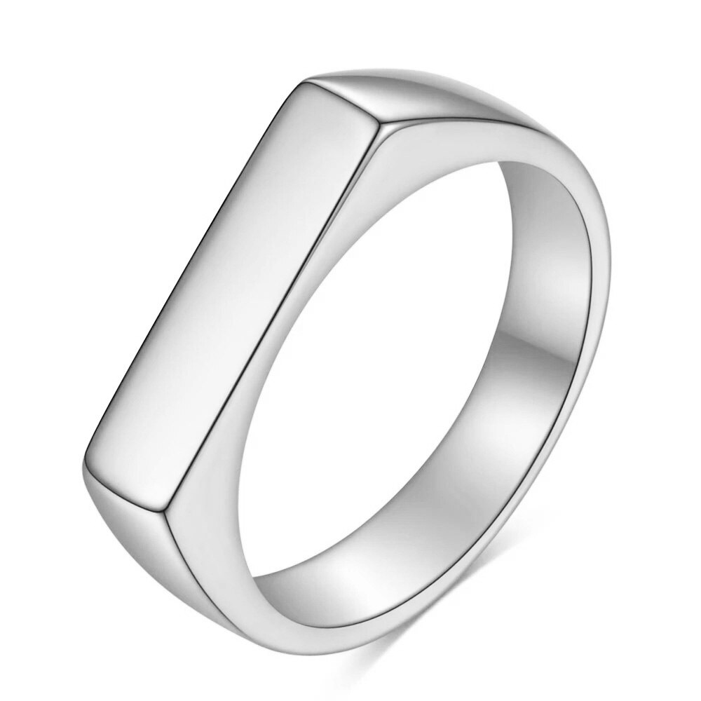 Anillo de sello superior plano con banda cuadrada, Color plata oxidada, acero inoxidable, joyería rústica Vintage para hombres y mujeres