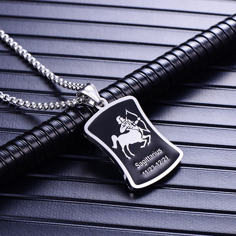 Zodiac sign 12 constellation pendant men necklace stainless steel male accessories gold simple silver necklace chain Square card