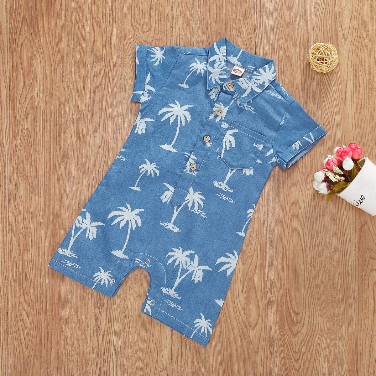 Mode Baby Jongens Revers Romper Zomer Baby Kokospalm Afdrukken Korte Mouw Knop Jumpsuit Kleding Voor Reizen