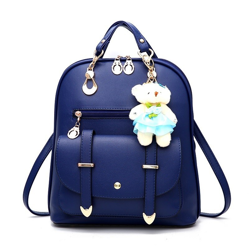 DIOMO Women Backpack Casual Cute for Girl School Bag Pu Leather Bear Pendant Multi-color Optional: Navy blue