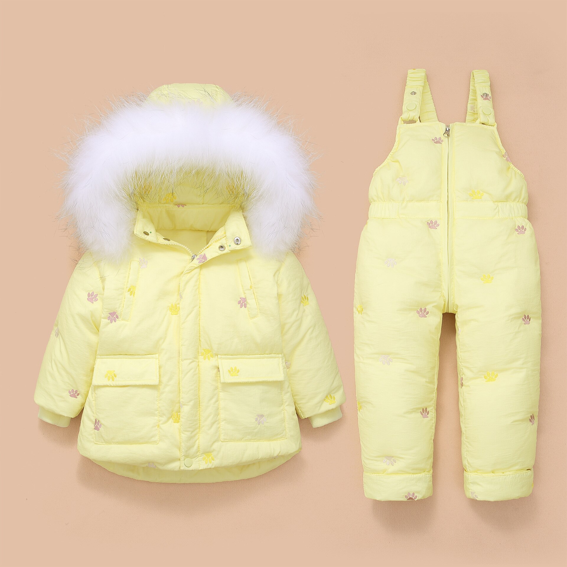Meisjes Set Fur Hooded Jongen Baby Overalls Meisje Winter Donsjack Warme Jas Kinderen Kinderen Snowsuit Sneeuw Kleding Meisjes Kleding set: yellow / 18m