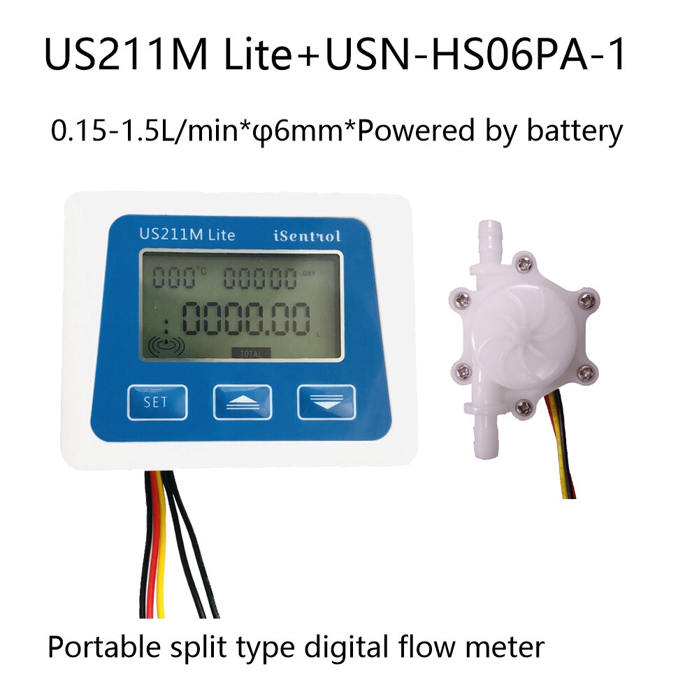 US211M Lite Draagbare Digitale Flow Meter Met USN-HS06PA-1 Flow Sensor 0.15-1.5L/Min: display and sensor