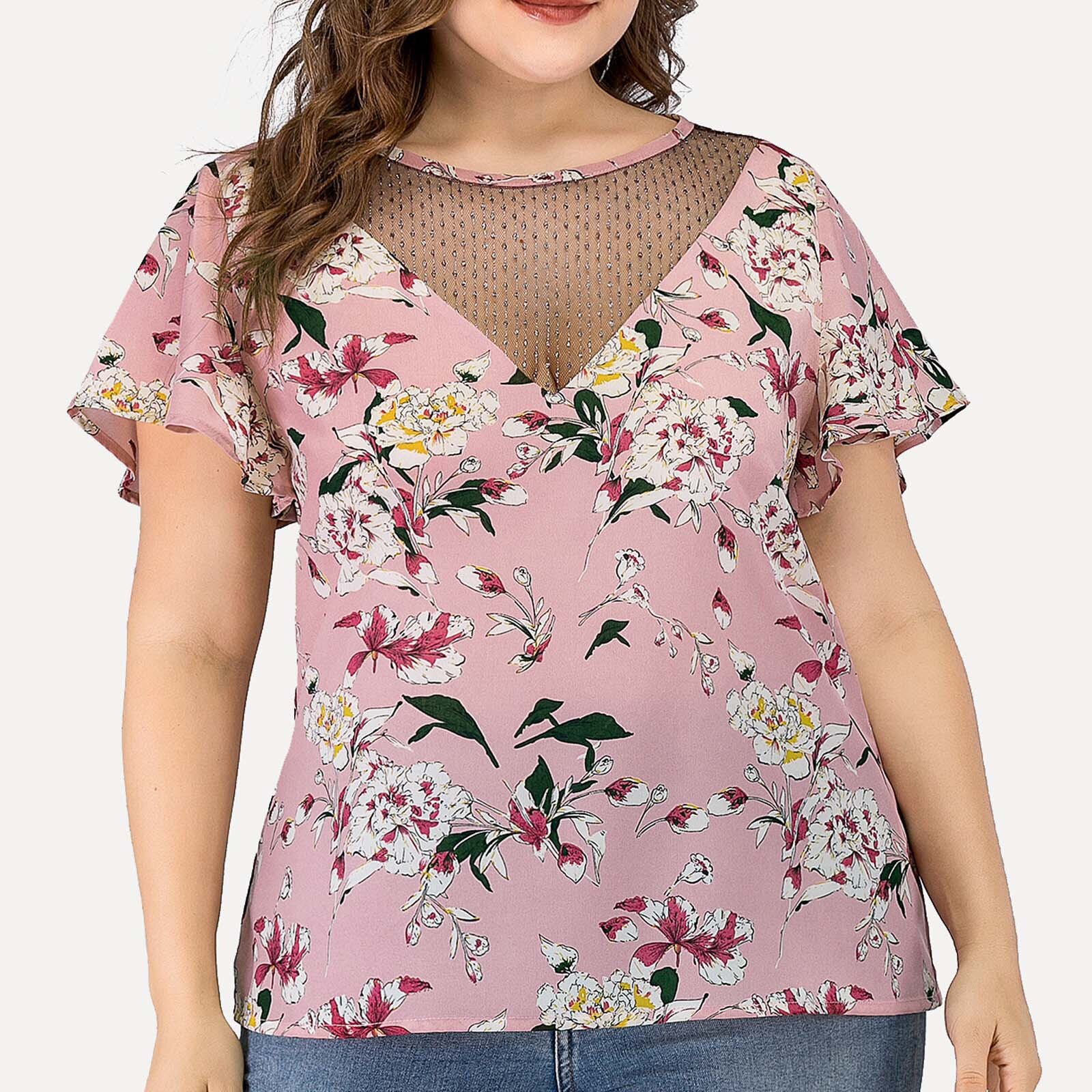 4# Women Plus Size Blouses Patchwork Flora Printed Print Lace Patchwork Shirts V-neck Short Sleeved Shirt Tops White Shirt Tops