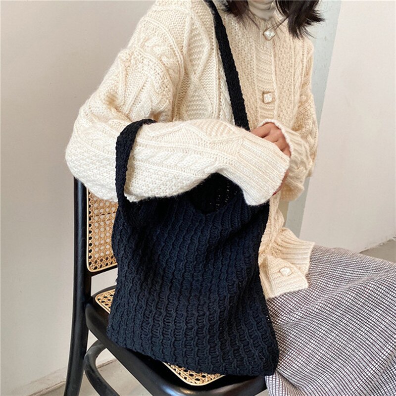 Gebreide wollen schoudertas voor dames, vintage katoenen tas voor meisjes, grote dameshandtas