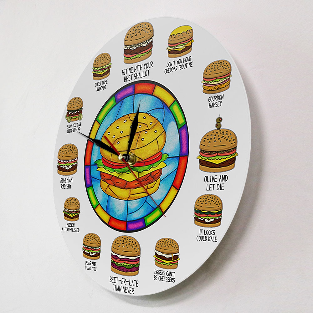 Burger ordspil hamburger baseret hilaritet sjov vægur ur ordboller burger butik indretning fastfood forretning tegn væg kunst stille ur
