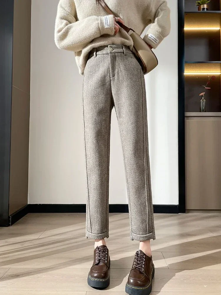 Pantalones rectos de Tweed de cintura alta para mujer, pantalón corto grueso y cálido, holgado, informal, en espiga, otoño/invierno, 2025