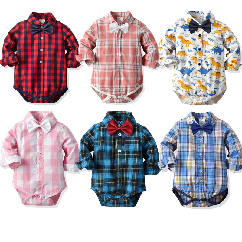Gentleman baby jongens romper + strik lange mouwen enkelrijs geruite print kerst jumpsuits 6 kleuren