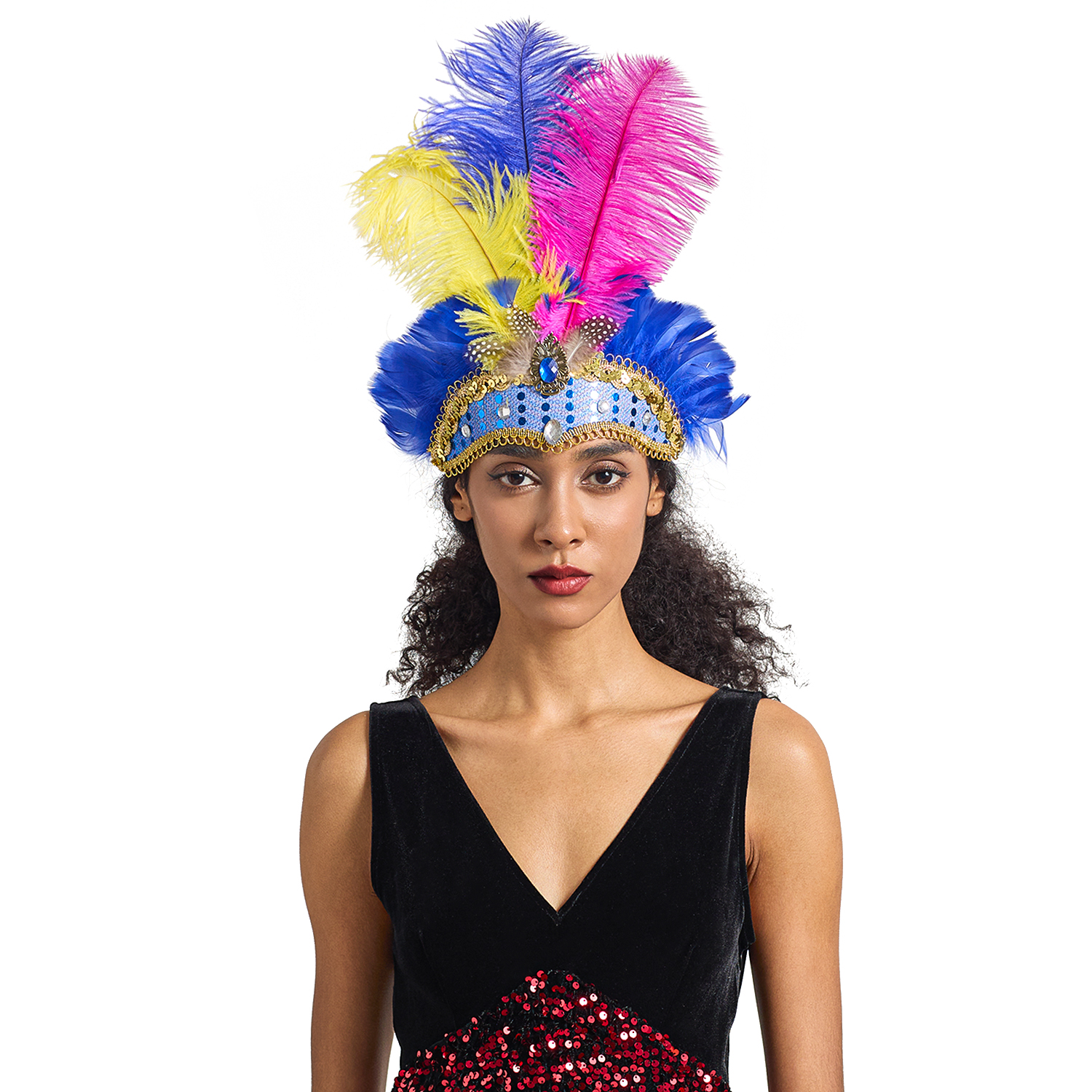 Diadema navideña para Showgirl, tocado de plumas para carnaval, diademas hawaianas para Halloween, tocado de plumas, accesorios para el cabello: Oro