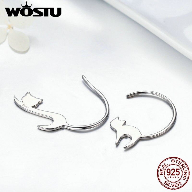 Wostu Pure 925 Sterling Zilver Asymmetrie Dier Loving Leuke Kat Haak Oorbellen Vrouwen Unieke S925 Sieraden Meisje CQE073