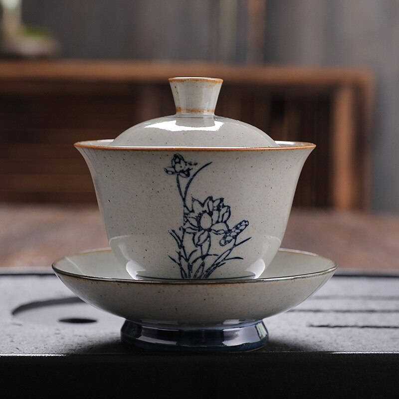 Retro Jingdezhen Hand-painted Tea Set Bowl China Kung Fu Tea Set Thick Pottery Bowl Ceramic Blue and White Tea Bowl Tea Set: k