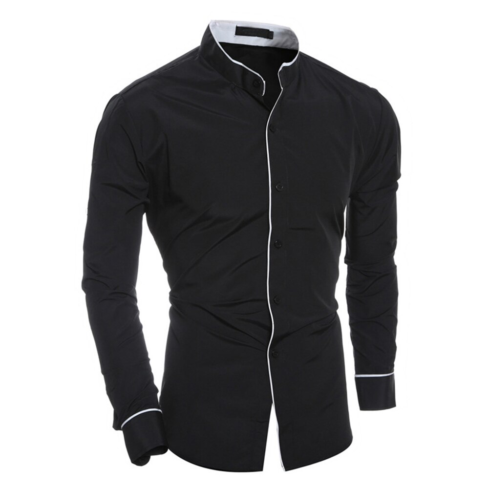 Lange Mouwen Shirt Slim Fit Stand Kraag Eenvoudige Casual Tops Voor Lente D88: Black / Xl