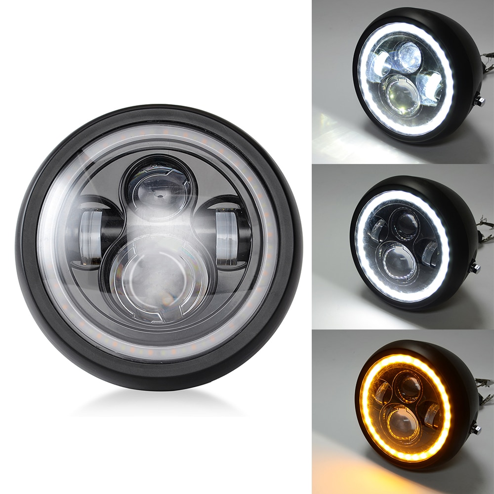 7,5 zoll LED Scheinwerfer mit Heiligenschein Ring Bernstein Blinker Für Harley Honda Cafe Rennfahrer Bobber 7.5 "LED Motorräder scheinwerfer