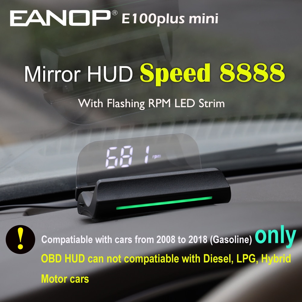 Mini OBD2 HUD Head up Display Speed RPM Voltage Projection with LED Strim Light Max Speed 8888 EANOP E100plus mini