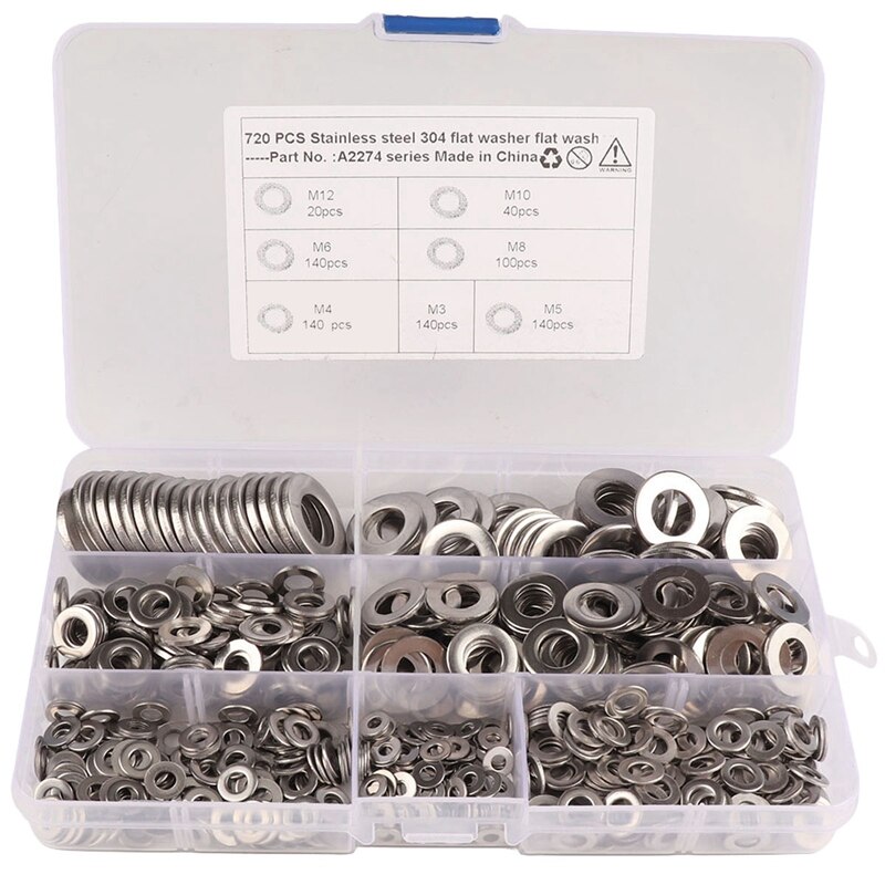 720PCS Stainless Steel Flat Washers Hardware Set 7 Sizes M3 M4 M5 M6 M8 M10 M12