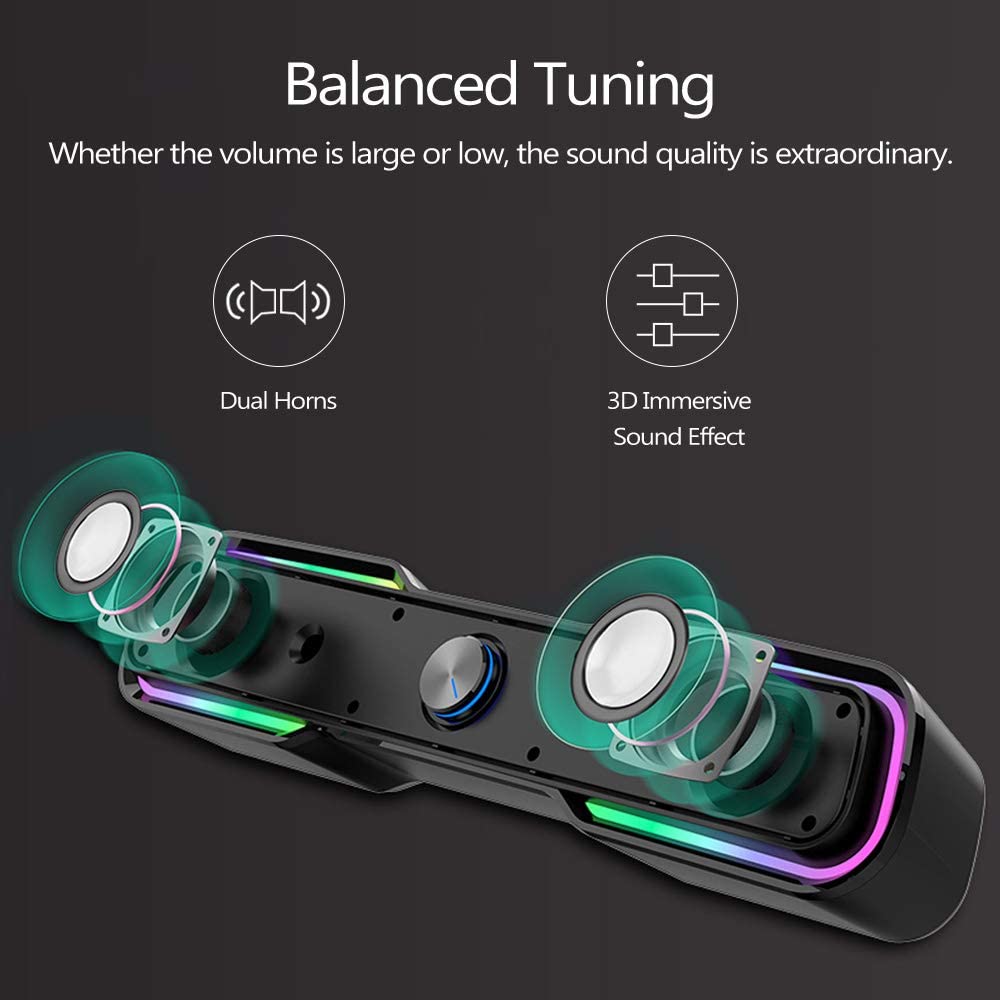 Computer Speakers, NJSJ 10W RGB Gaming PC Speaker Wired Computer Sound Bar with Enhanced Stereo Bass LED Light