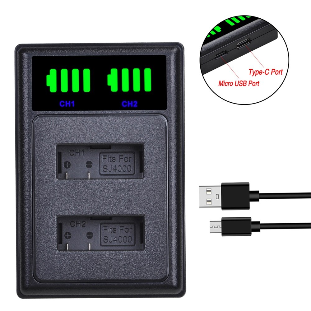 Batería PG1050 SJ4000 PG900 de 1180mAh, 3,7 V, con cargador Dual USB para SJCAM SJ5000 SJ6000 SJ8000 M10 EKEN 4K H8 H9 EK7000: 1Charger