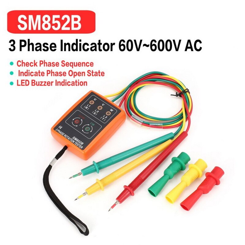 SM852B 3 Phase Rotation Tester Digital Phase Indicator Detector LED Buzzer Phase Sequence Meter Voltage Tester 60V~600V