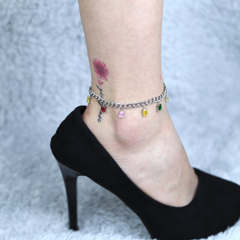 Regenboog Kleurrijke Zirconia Baguette Cubaanse Link Chain Enkelband Voor Vrouwen Verstelbare Lengte 21 + 5Cm Trendy Geometrische Cz enkelband