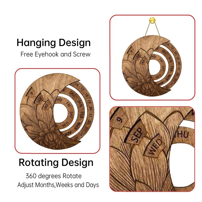 10Inch Wooden Wall Mounted Perpetual Calendar Circular Rotatable Moon Forever Calendar Wall Art for Home-Charcoal